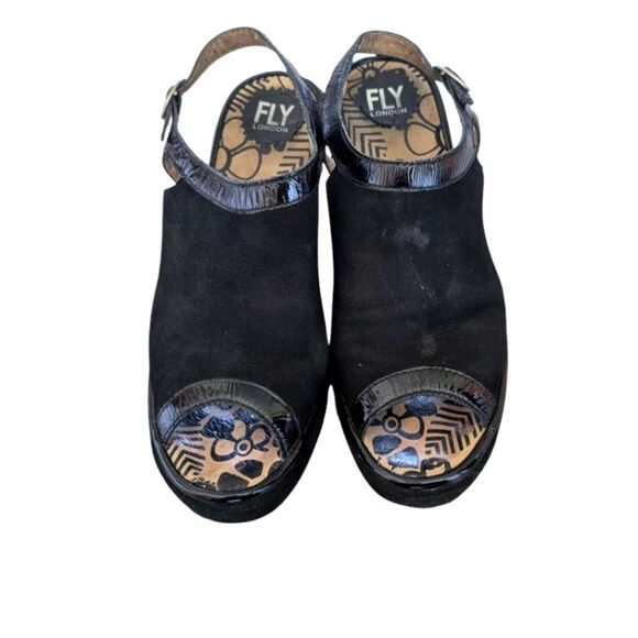 Fly London Pyle Wedges Pumps Black Open Peep Toe Buckle Size 40 (8.5) - Picture 1 of 9